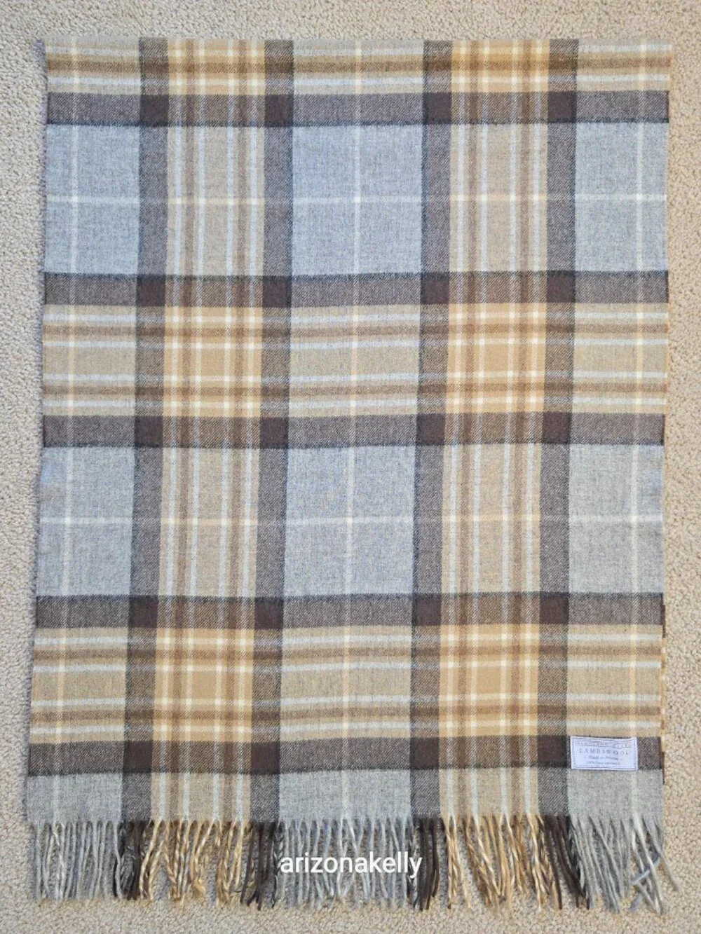 NWOT Highland Store Lambswool Scarf Tan & Grey Plaid Made in Britain